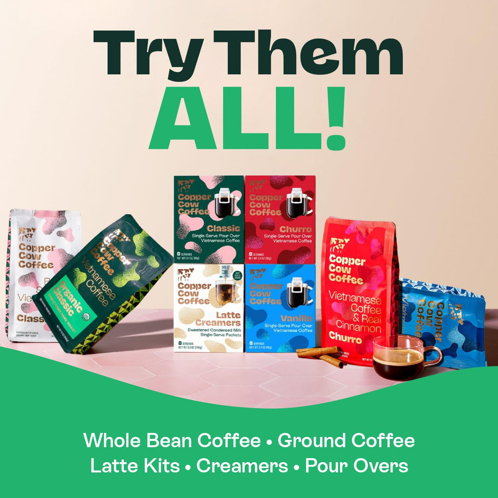 Copper Cow Vietnamese Coffee Variety Pack (15 Coffees & 15 Creamers)| Classic, Vanilla, & Salted Caramel Latte | Pour Over Single-Serve Lattes, No Refrigeration Needed, Travel Friendly Ground Coffee