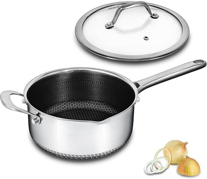 Bakoniion Hybrid Nonstick 2 QT Saucepan with Lid, Stainless Steel Honeycomb Pot with Two Pour Spouts,Compatible with All Cooktops,Dishwasher and Oven Safe