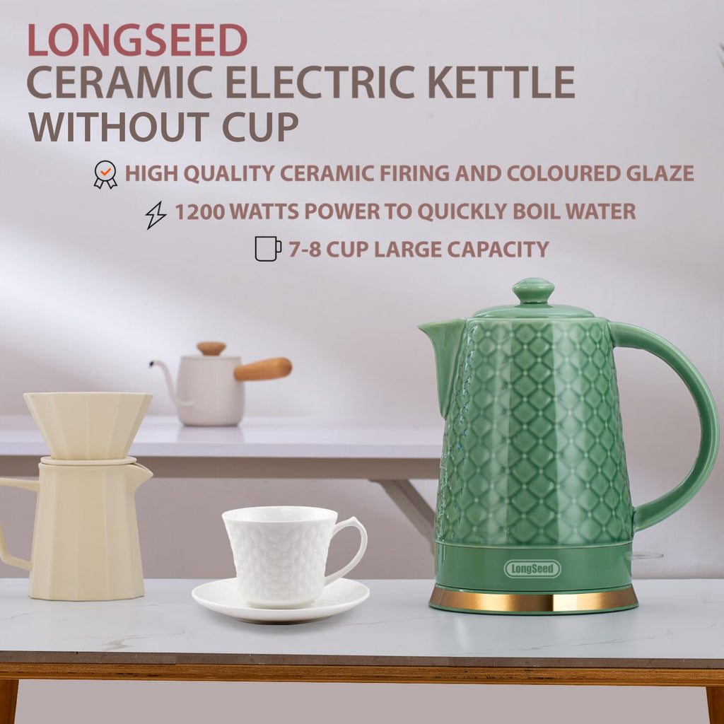 LONGSEED Ceramic Electric Kettle, 1.5L/1200W Boil Water Quickly and Easily with Boil-Dry Protection Auto Shut Off, Detachable Swivel Base, Green Relief Carving