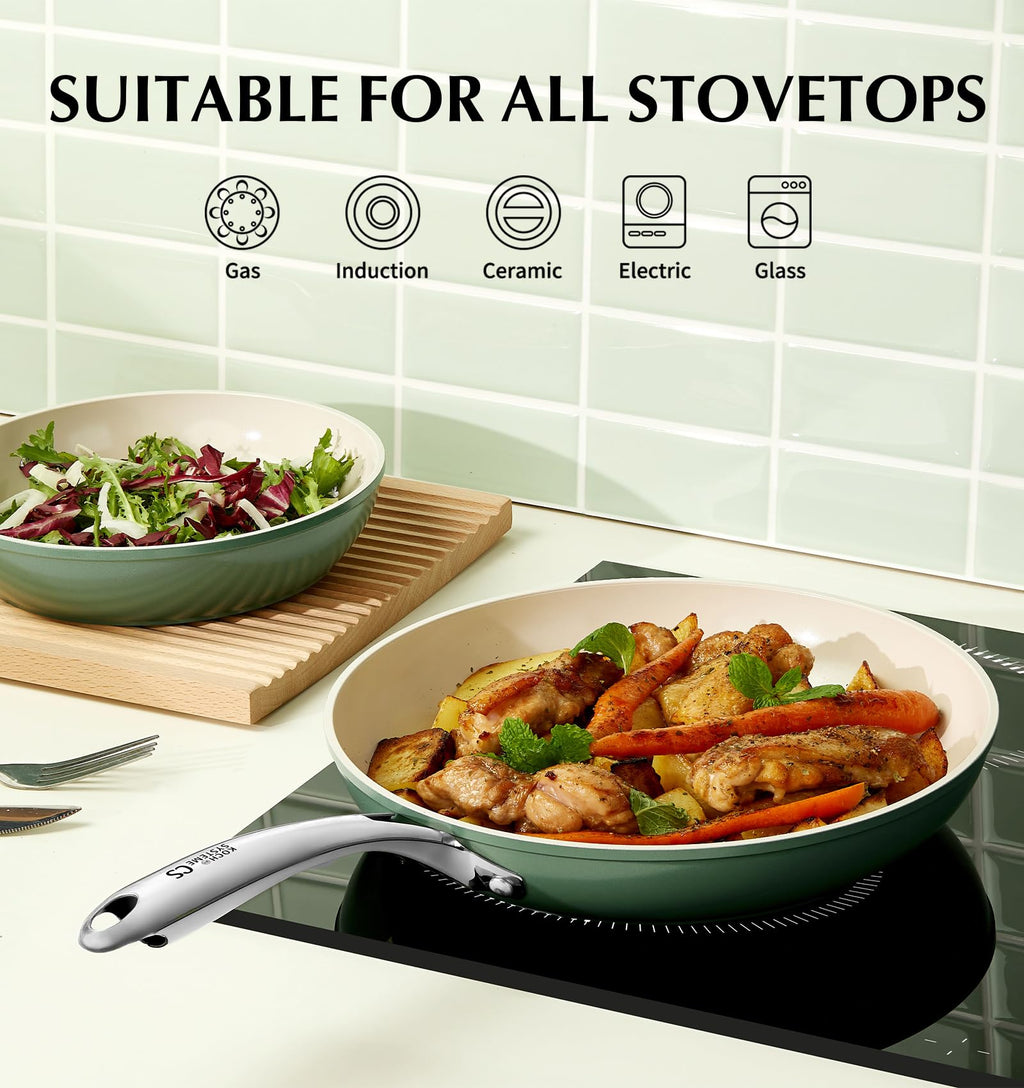 KOCH SYSTEME CS 10 Inch Ceramic Frying Pan with Lid, Non Stick Frying Pan with Stainless Steel Handle, Ceramic Skillet for Cooking, Induction Compatible Skillet, PTFE & PFOA Free, Oven Safe, Green