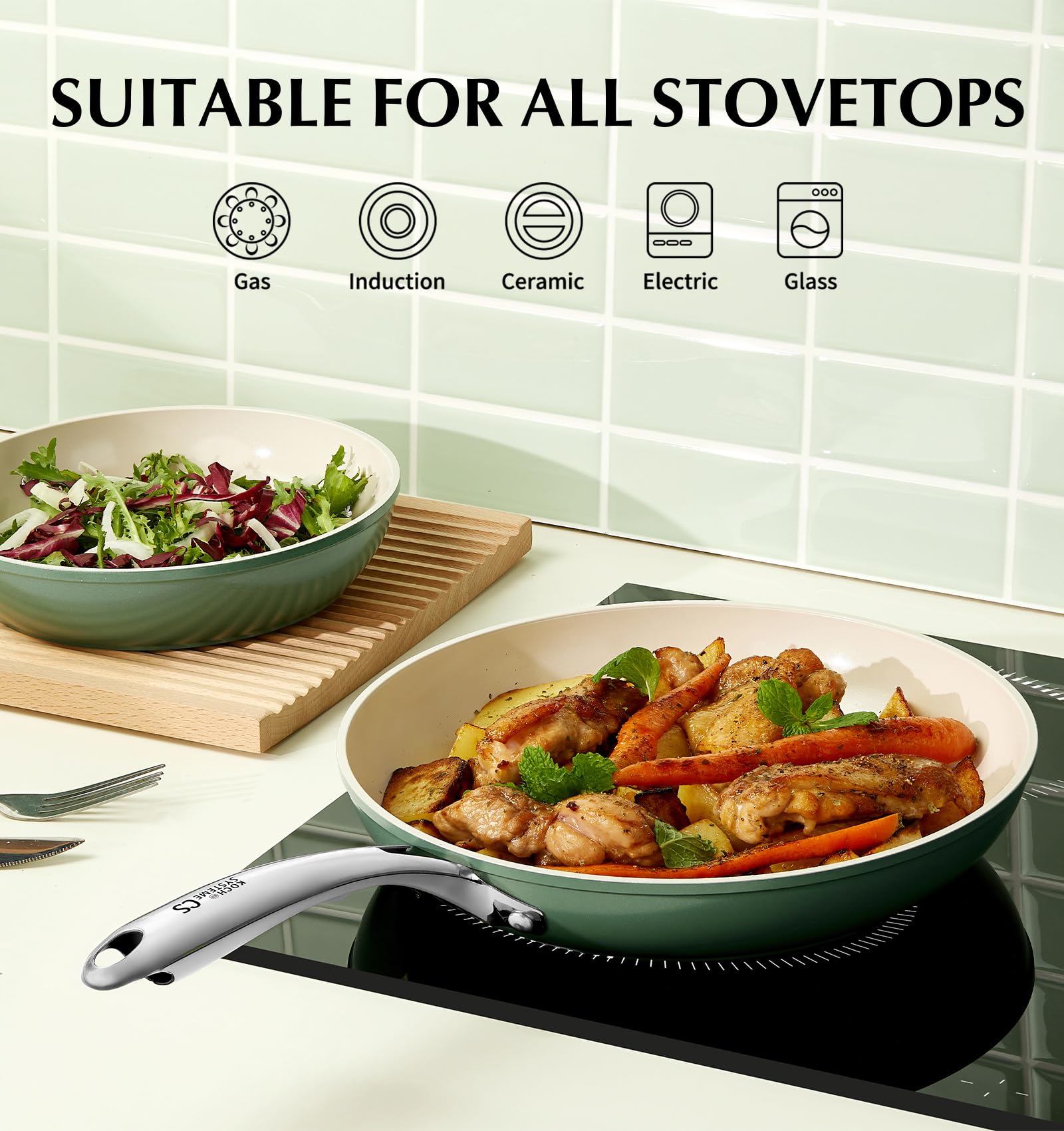 KOCH SYSTEME CS 10 Inch Ceramic Frying Pan with Lid, Non Stick Frying Pan with Stainless Steel Handle, Ceramic Skillet for Cooking, Induction Compatible Skillet, PTFE & PFOA Free, Oven Safe, Green