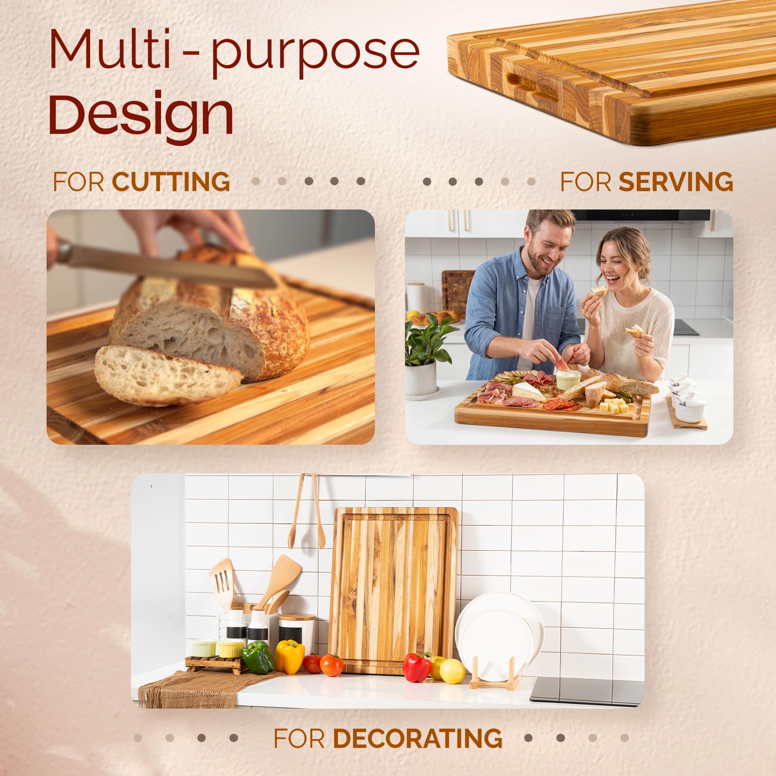 Yes4All Durable Teak Cutting Boards for Kitchen, [20''L x 15''W x 1.5” Thick] Large Edge Grain Cutting Board, Pre Oiled Wood Cutting Boards, Thick Chopping Board w/Juice Grooves and Easy Grip Handle