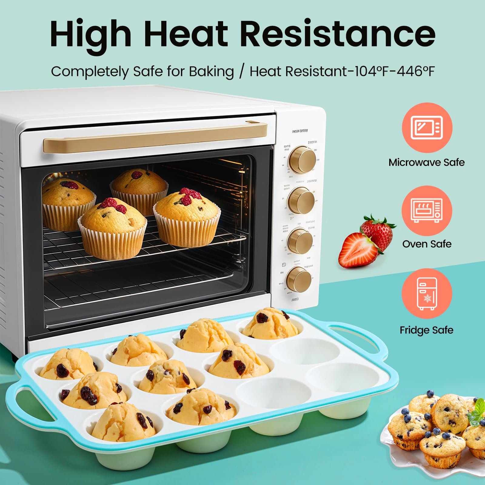 Fimary Silicone Muffin Pans for Baking 2 Pack, 2.6 Inch with Metal Reinforced Frame, Regular Size Nonstick Cupcake Pan 12 Cups for Baking Homemade Muffins, Dishwasher Safe BPA Free-Blue