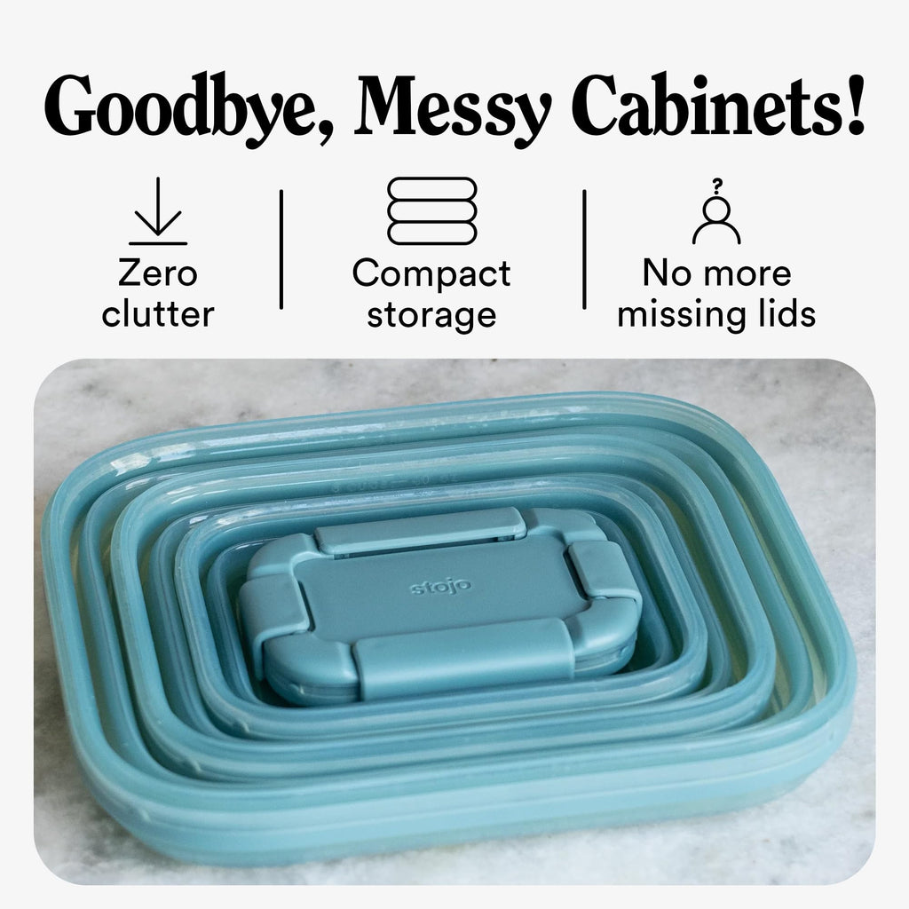 Stojo Nestable Collapsible Food Storage Container -Set of 4, Eucalyptus- Leak-Proof Airtight Seal Made With Food Grade Silicone For Meal Prep, Lunch Box, Pantry Organizer - Microwave & Dishwasher Safe