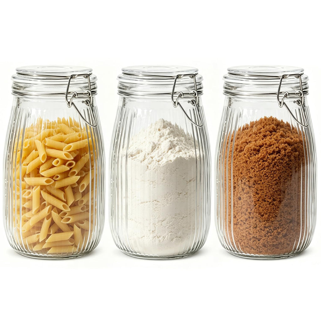 ComSaf Ribbed Glass Pantry Jars with Airtight Lids 34 oz 3 Pack Coffee