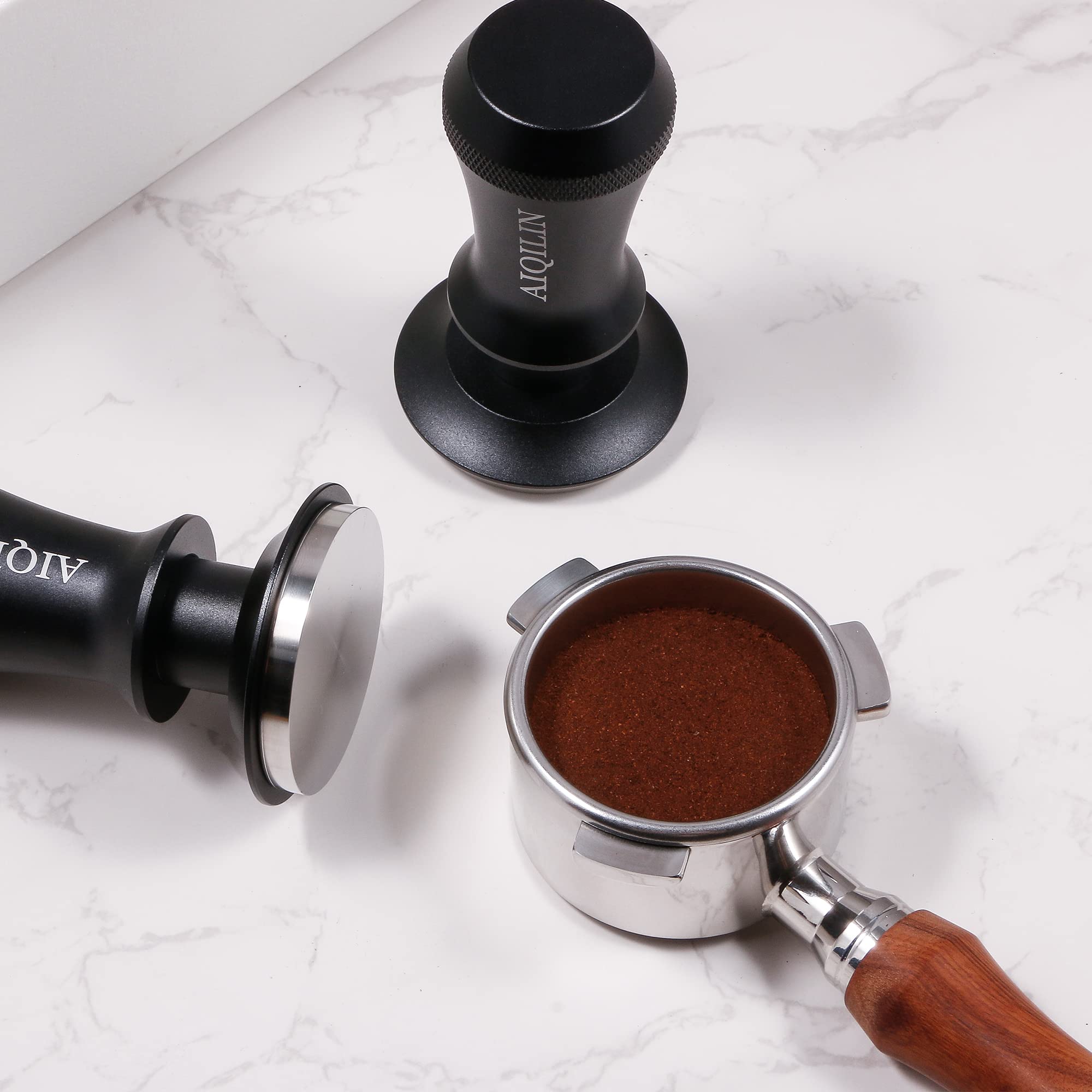 AIQILIN Espresso Tamper, Constant 30lb Coffee Tamper with double Calibrated Spring Loaded, Stainless Steel double spring loaded Coffee Tamper Fits for All Portafilters- Flat Base (58mm, BLACK)