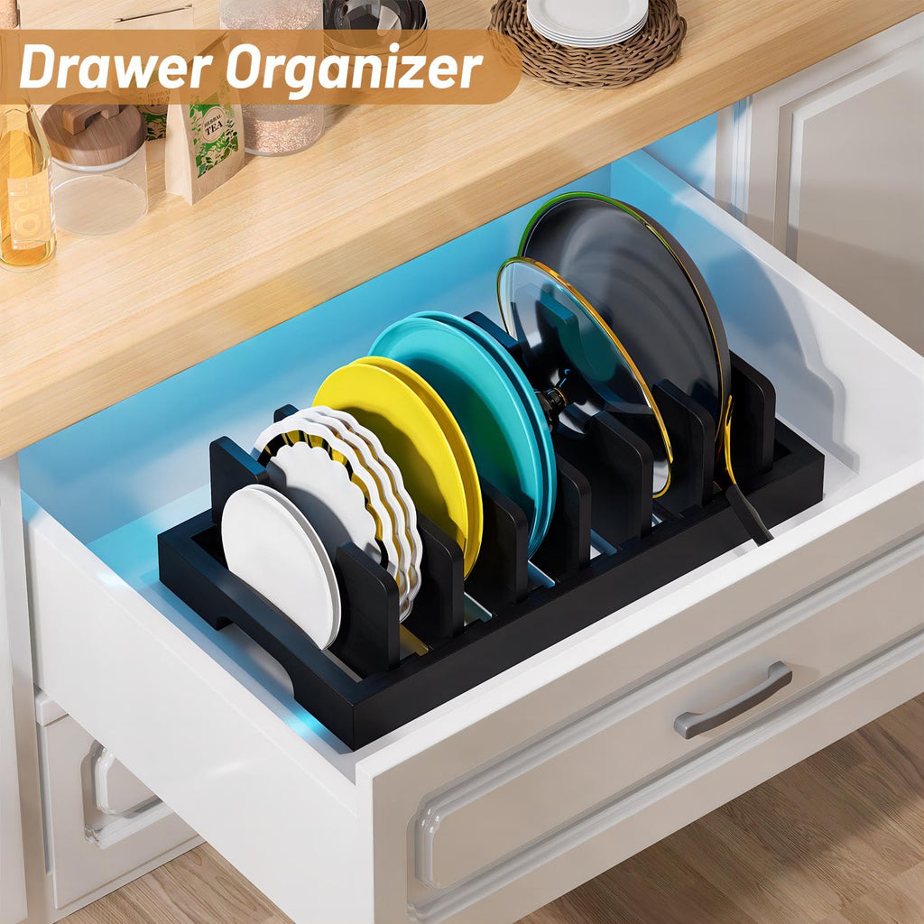 Kiasthome Bamboo Pot and Pan Organizer, Pot Lid Organizer Holder Rack for Countertop Drawer, Kitchen Cabinet Organizer with 7 Adjustable Dividers for Pots, Pans, Baking Sheets, Cutting Boards, Black