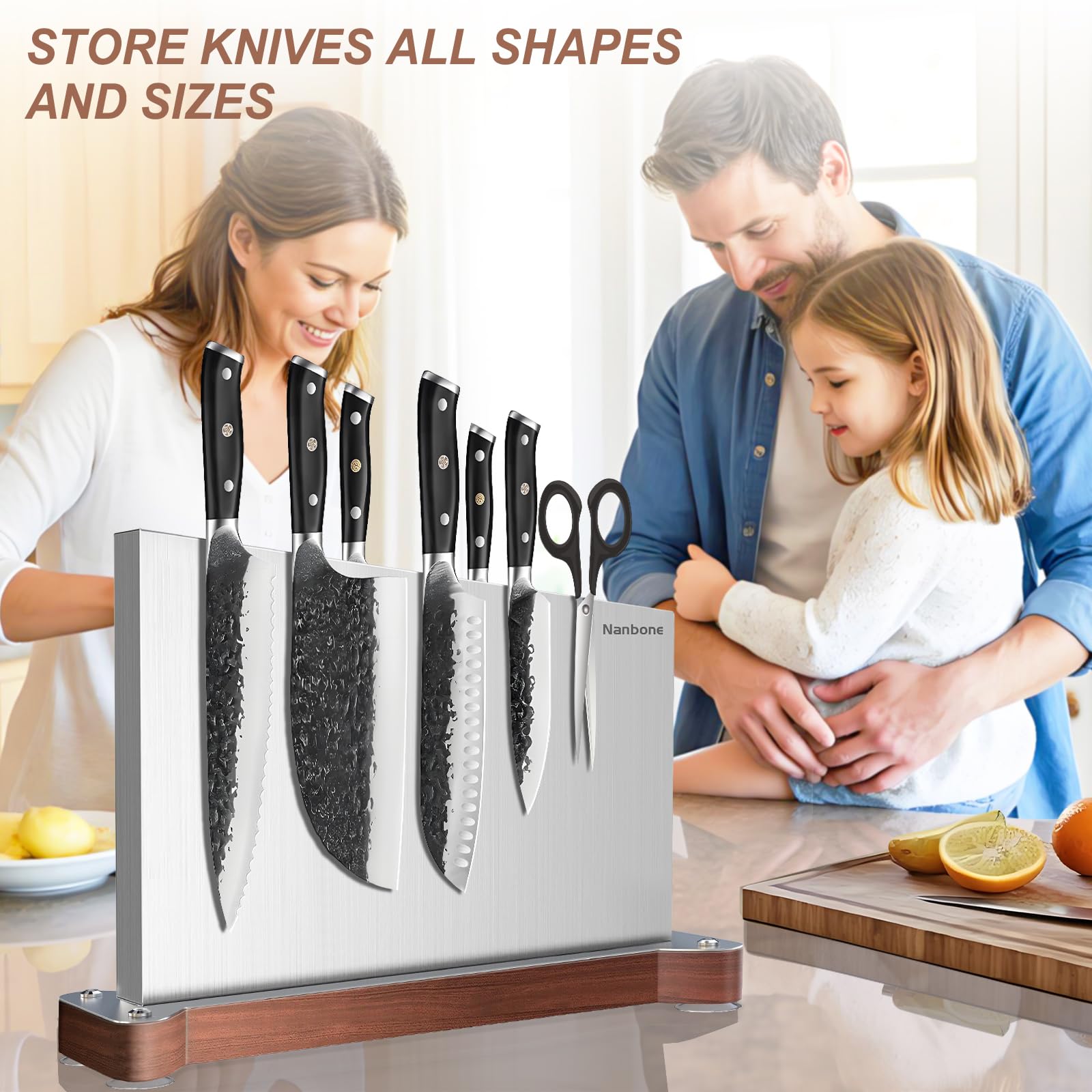 Nanbone Magnetic Knife Block Without Knives Large Double Side Magnetic Knife Holder Stand with Strong Magnet, Stainless Steel Knife Storage Organizer for Kitchen Counter Knife Rack Three Magnet Strip