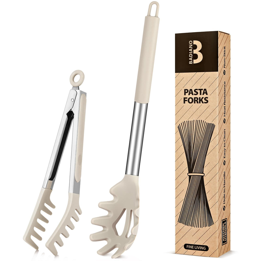 Silicone Spaghetti Spoon & Pasta Tong, Non-Stick Stainless Steel Handle Pasta Fork Set with Teeth, Food Clip for Easy Serving of Noodles (Khaki)