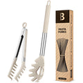 Silicone Spaghetti Spoon & Pasta Tong, Non-Stick Stainless Steel Handle Pasta Fork Set with Teeth, Food Clip for Easy Serving of Noodles (Khaki)