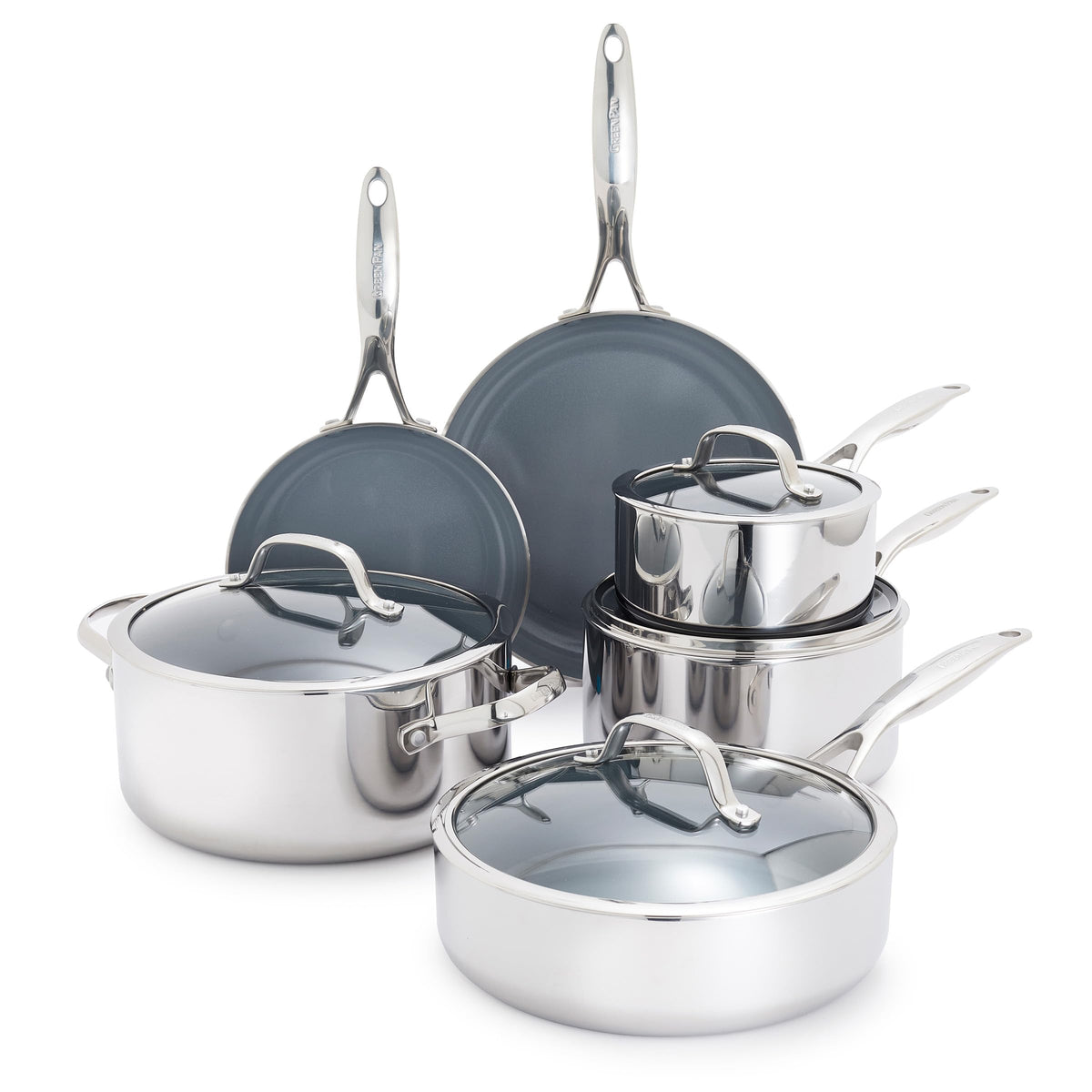 GreenPan Valencia Pro Tri-Ply Stainless Steel 10 Piece Cookware Set, PFAS-Free Ceramic Nonstick Coating, Induction Ready Pots & Pans, All Cooktops, Dishwasher & Oven Safe to 600F