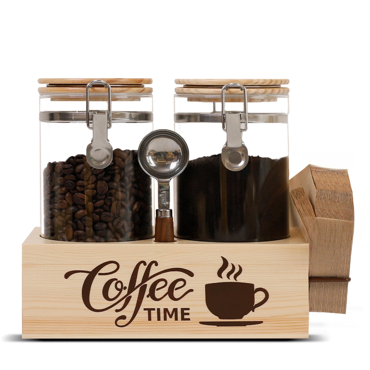 EQEY Glass Coffee Canister Set with Shelf & Spoons - 3 Piece Airtight Seal Coffee Bean Storage Containers & Filter Holder for Kitchen Organization