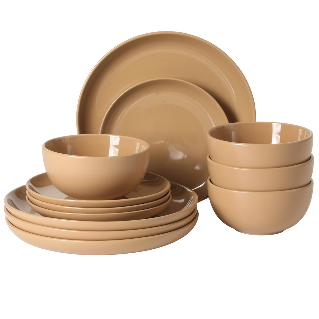Gibson Home Rockaway 12-Piece Round Stoneware Dinnerware Set, Service for 4 – Cream Plates and Bowls, Modern Matte Finish, Microwave & Dishwasher Safe