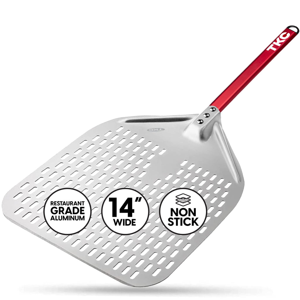 TKC 14” Perforated Pizza Peel – 31 Inch Long Handle Perforated Aluminium Pizza Paddle – Lightweight Pizza Turning Peel – Commercial Grade Pizza Spatula - Outdoor Pizza Oven Accessories - (Silver/Red)