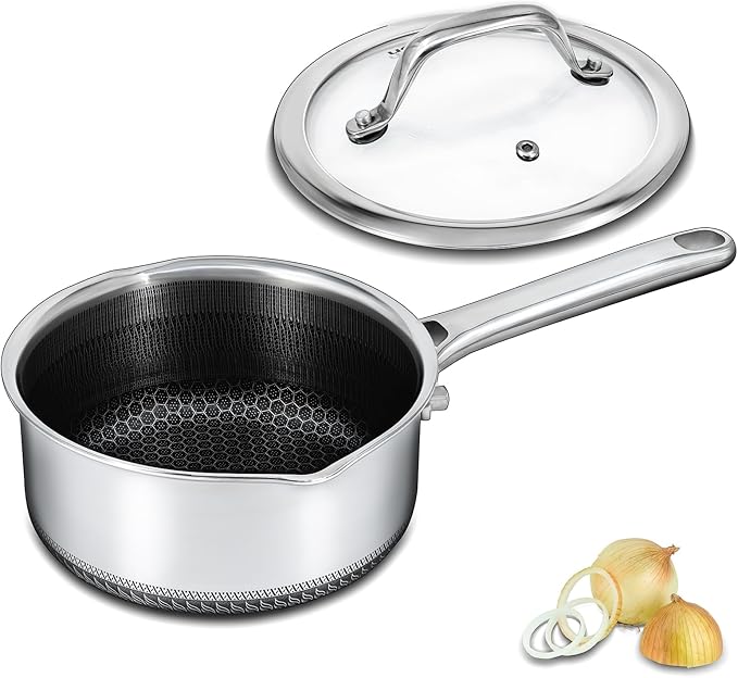 Bakoniion Hybrid Nonstick 2 QT Saucepan with Lid, Stainless Steel Honeycomb Pot with Two Pour Spouts,Compatible with All Cooktops,Dishwasher and Oven Safe