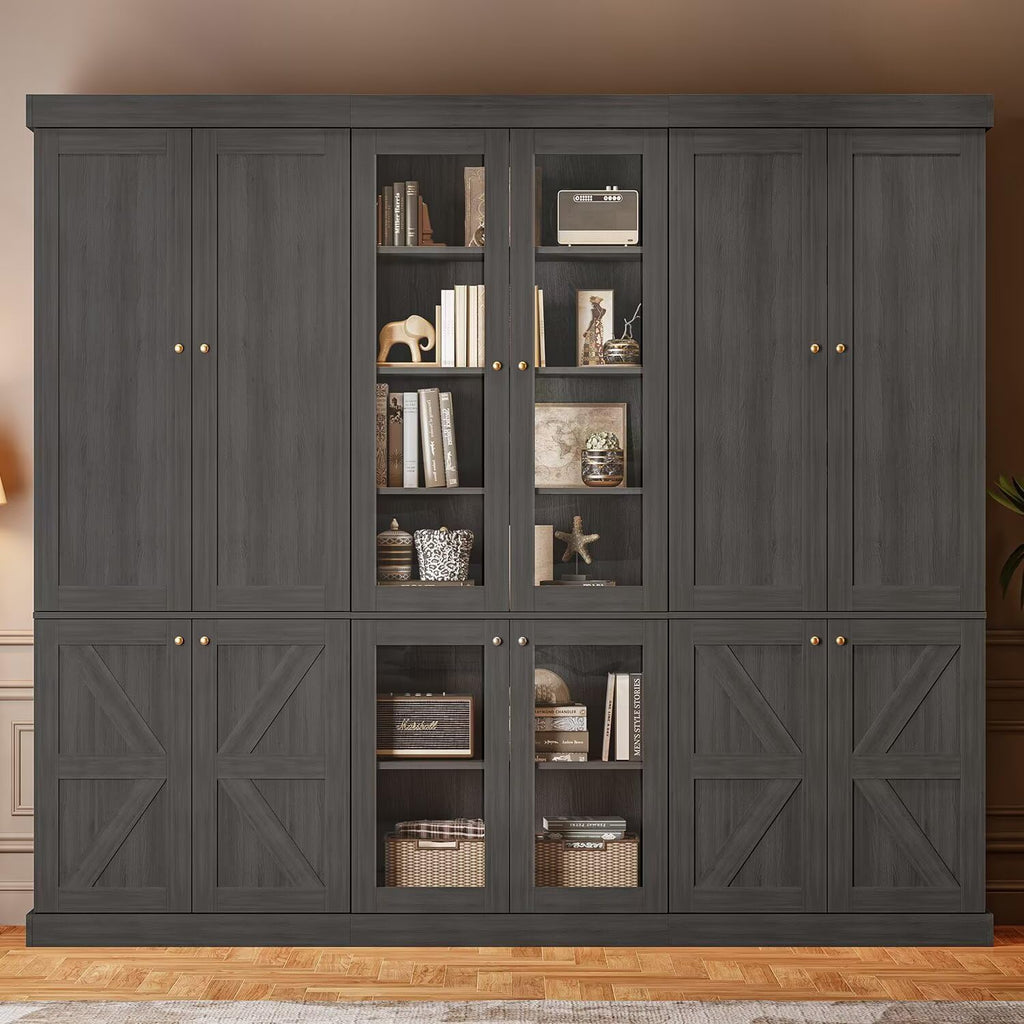 ivaniti 70.8" Tall Bookshelf with Doors, Farmhouse Modular Bookcase with 4-Tier Adjustable Shelves, Large Storage Cabinet for Home Office, Living Room, Brown, Set of 2