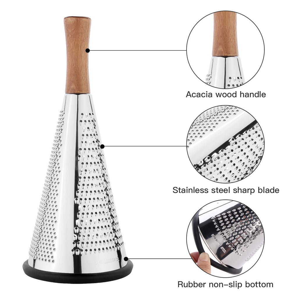 Cone Cheese Grater with Handle - Stainless Steel Triple Function Wood Handle Parmesan Shaver Non-Slip Rubber Bottom Hand Held Multifunction Vegetables Cheese Grater with container(XL:11.8" X 5.1")