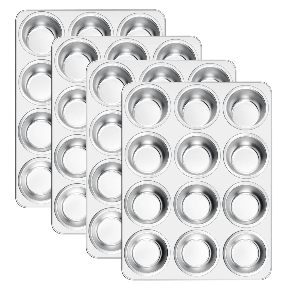 E-far 12-Cup Muffin Pan Set of 4, Stainless Steel Cupcake Pan for Oven
