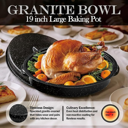 19"Turkey Roasting Pan Enamel Oval Granite Large Roaster Pan with Lid,17" Inner Diameter Large Capacity Suitable for Thanksgiving Enamel Cook Ware Dishwasher Compatibility Oven Christmas Gift