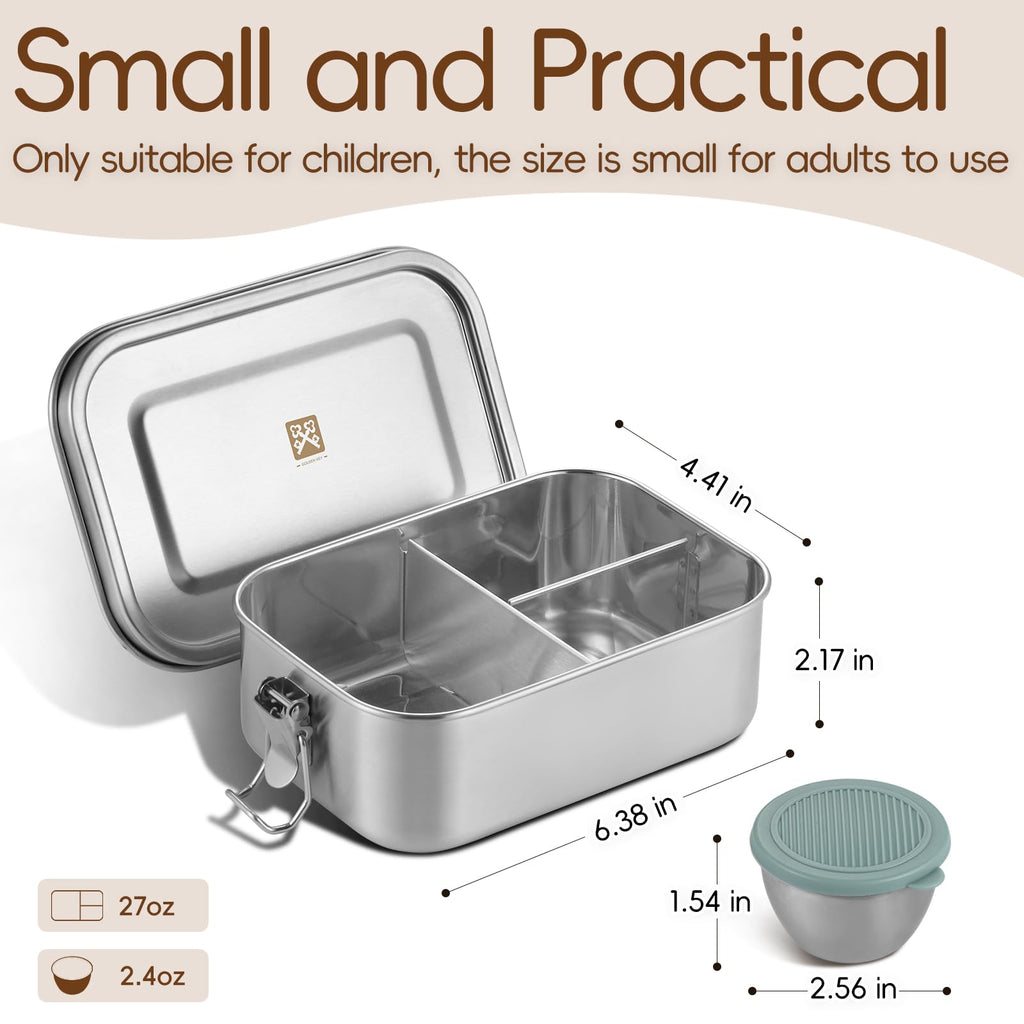 GOLDEN KEY 27oz Stainless Steel Bento Box for Kids,800ml Stainless Steel Lunch Box with Leakproof Condiment Container,3 Compartment Snack Containers,Freezer & Dishwasher Safe (Green)