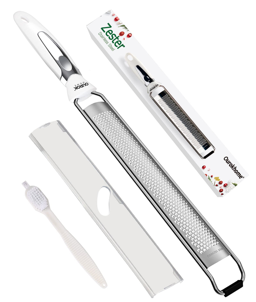 Ourokhome Kitchen Lemon Zester, Stainless Steel Hand Held Parmesan Cheese Grater for Ginger, Chocolate, Coconut, Lime, Nutmeg, Citrus, Fruit, Vegetable with Cleaning Brush, Dishwasher safe, Gray