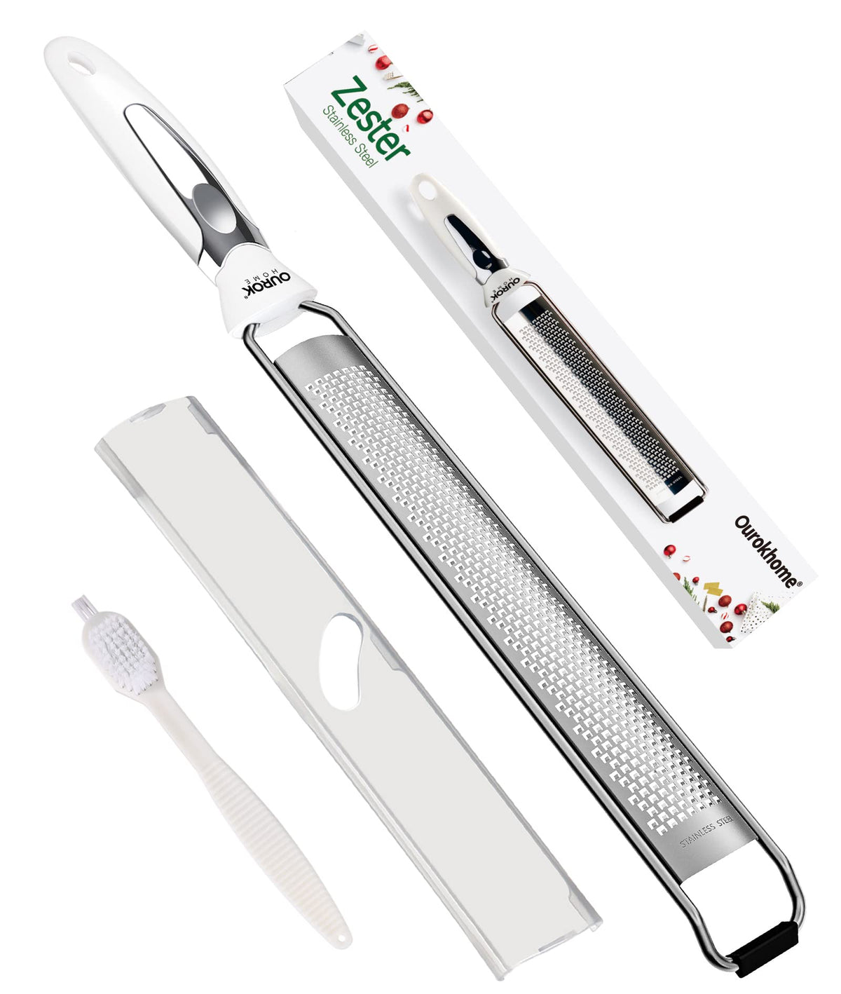 Ourokhome Kitchen Lemon Zester, Stainless Steel Hand Held Parmesan Cheese Grater for Ginger, Chocolate, Coconut, Lime, Nutmeg, Citrus, Fruit, Vegetable with Cleaning Brush, Dishwasher safe, Gray