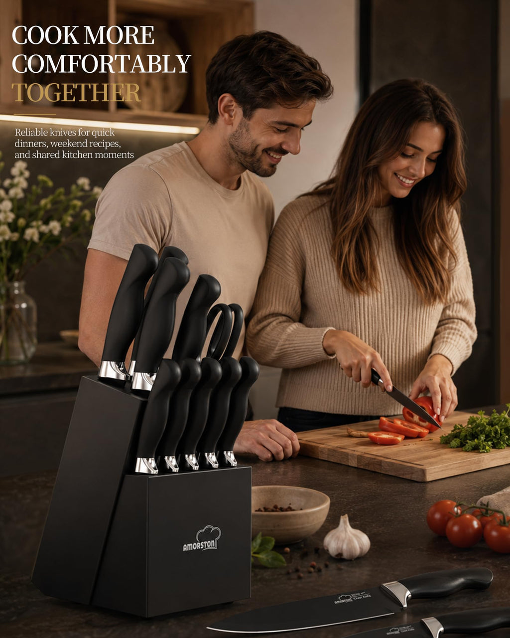 Amorston Knife Set 15 Piece Kitchen Knife Set with Block