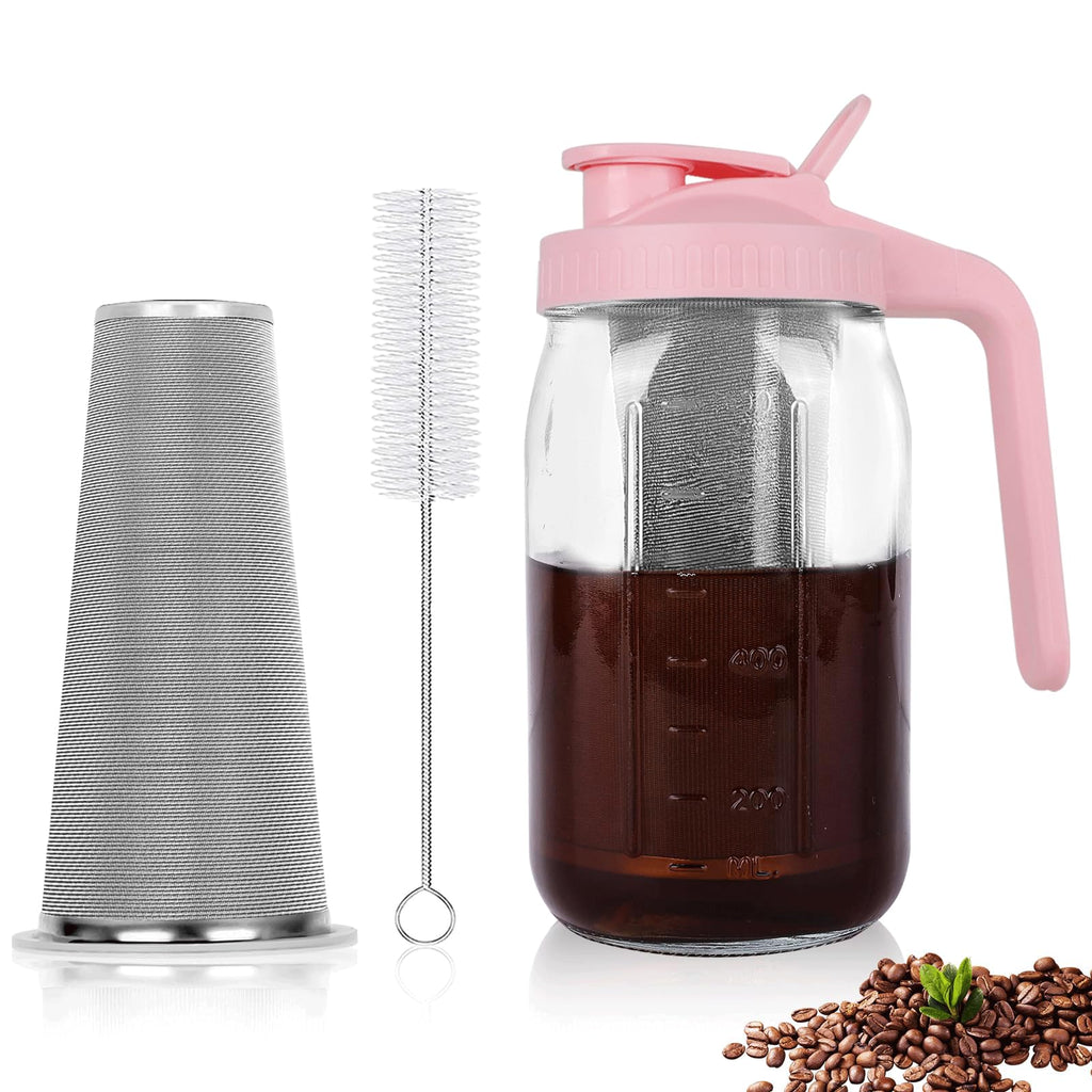 QHH Cold Brew Coffee Maker, 64 oz Mason Jar Pitcher with Stainless Steel Filter, Pour Spout Handle Lid, Airtight & Leak-Proof for Iced Coffee,Tea & Lemonade