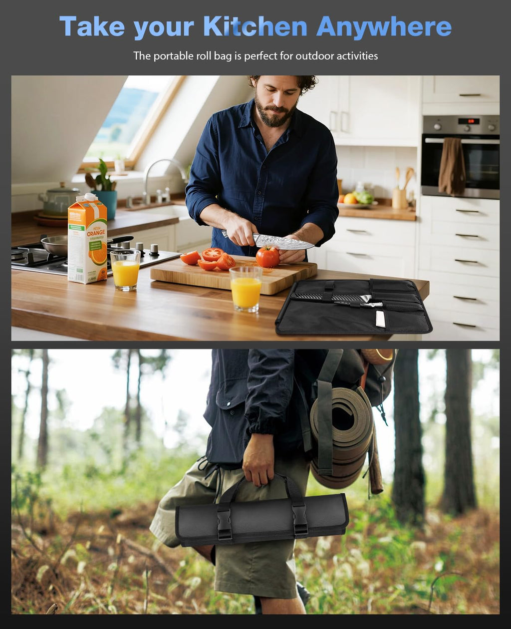 Meleho 4PCS Kitchen Knife Set,High-Carbon Stainless Steel Chef Knife Set, Portable Knife Roll Bag, Portable Knives for Outdoor Camping and Travel