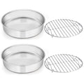 E-far 9½-inch Cake Pan with Rack Set, Stainless Steel Round Cake Pans and Baking Cooling Racks, Non Toxic & Healthy, Mirror Polished & Dishwasher Safe - 4 Pieces (2 Pans + 2 Racks)