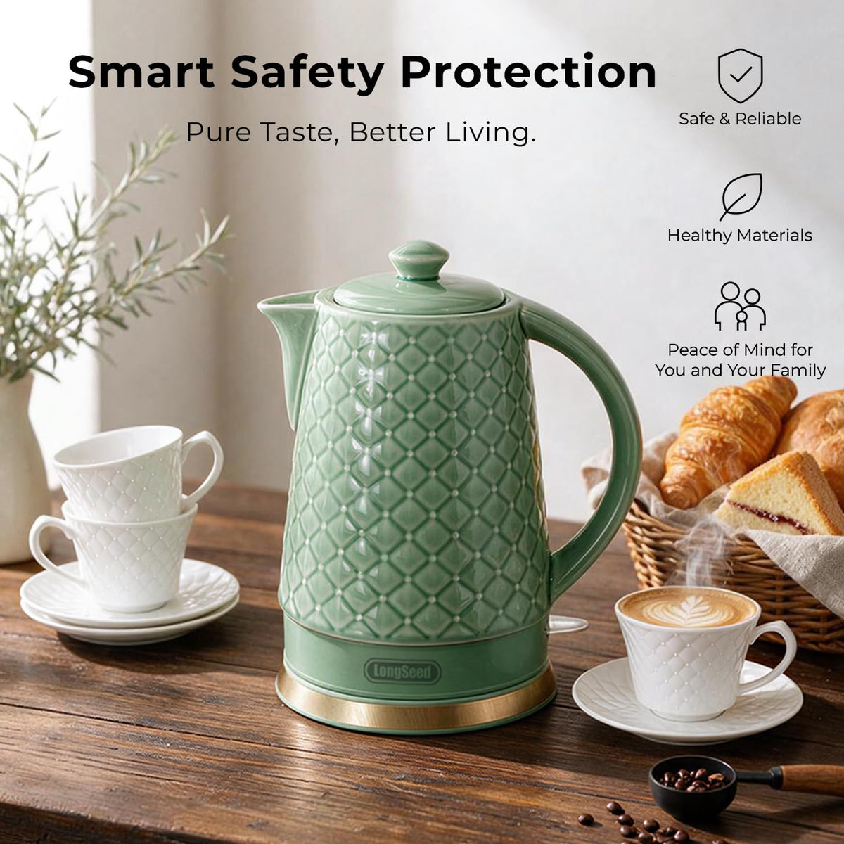 LONGSEED 1.5L Ceramic Electric Kettle, 1200W Fast Boil Retro Tea Pot with LED Light, BPA-Free Porcelain Cordless Water Boiler, Auto Shut-Off & Boil-Dry Protection, Green Relief Carving