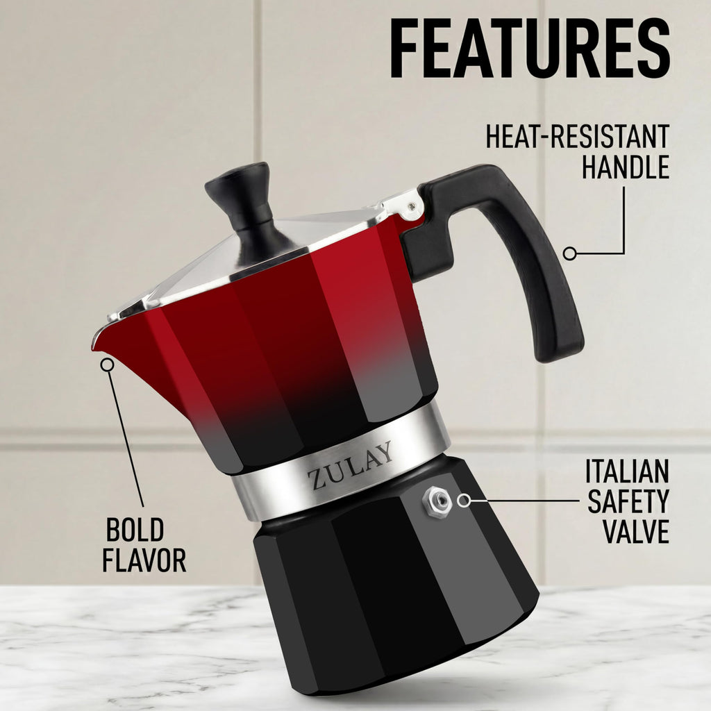 Zulay Kitchen Stovetop Espresso Maker - Moka Pot 3 Espresso Cups - Percolator Coffee Maker for Classic Cuban & Italian Style Espresso - Portable Coffee Maker for Camping & Travel - (Red/Black)