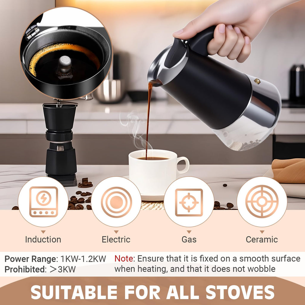 Suiitat 6 Cup Stainless Steel Moka Pot, 300ml Stovetop Espresso Maker, Black
