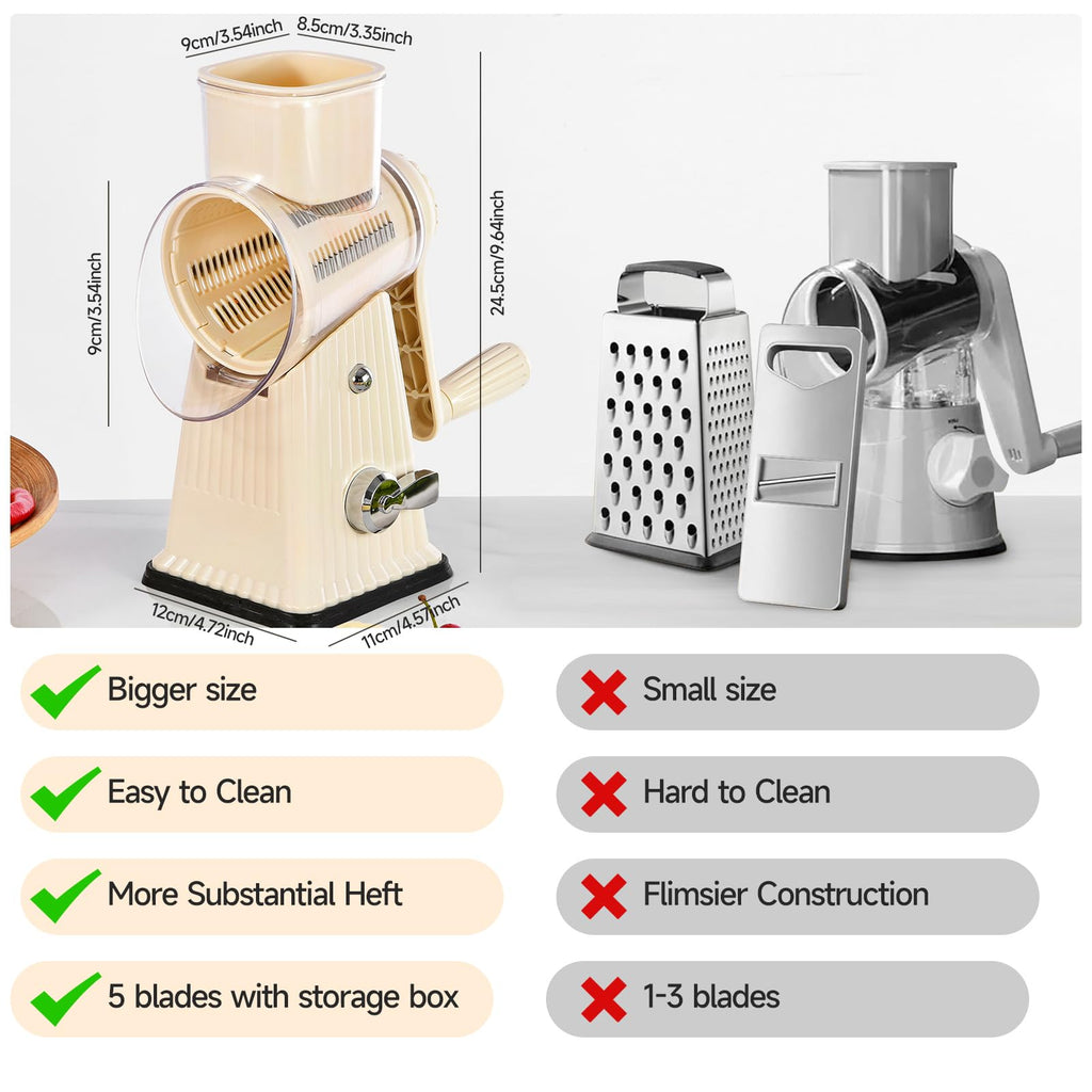 Xilrvna RotaryCheese Grater,VegetableShredder 5 in 1 Cheese Grater with HandleedderReinforcedSuction,EasytoClean,KitchenChopperforCrushedIce,Fruits and Nuts with Blade Storage Case（White