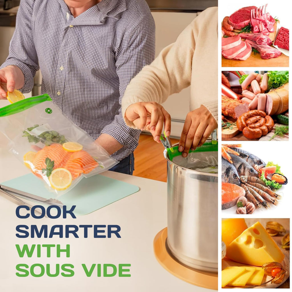 SOUSVIDE ART 37pcs Reusable Vacuum Seal Bags with Vacuum Sealer - 30 Cooking and Storage Bags of 3 Sizes with Pump and Sous Vide Cooker Accessories - Food Safe Kit, Keeps Food Fresh