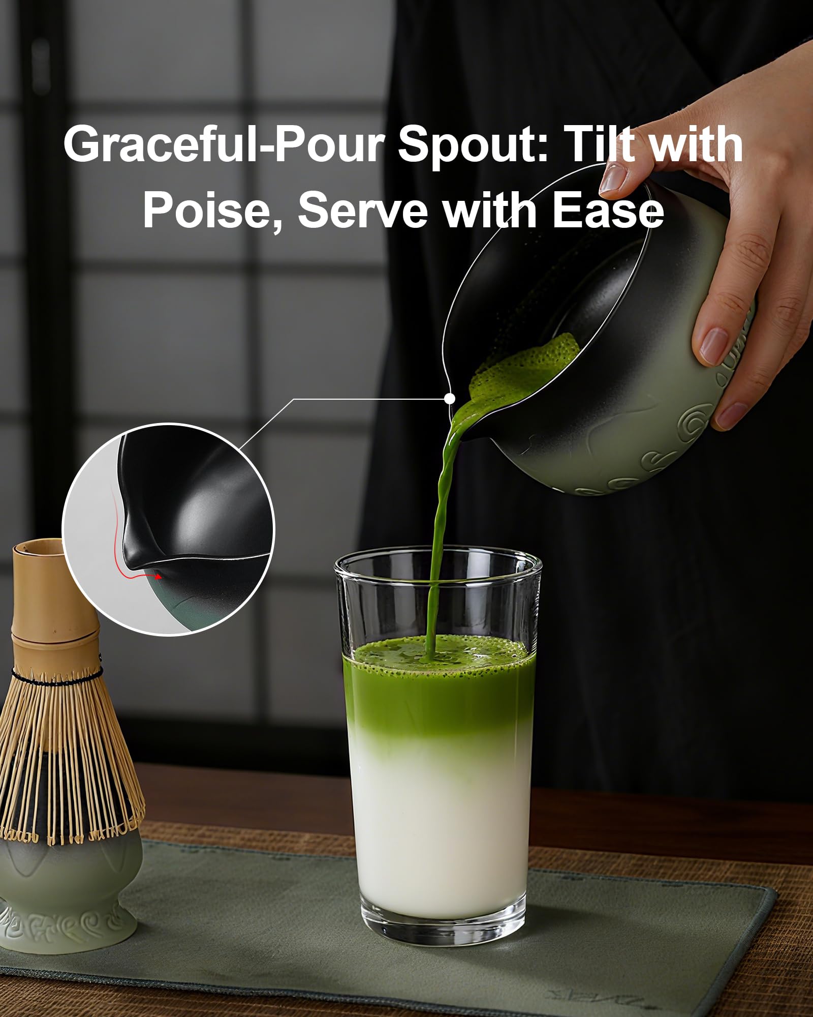 ZENS Matcha Whisk Set, 15oz Ceramic Matcha Set with Bowl and Bamboo Whisk, Scoop, (Chasen Holder) -Tea Towel, 5pcs Matcha Kit for Matcha Lovers, Sage Green