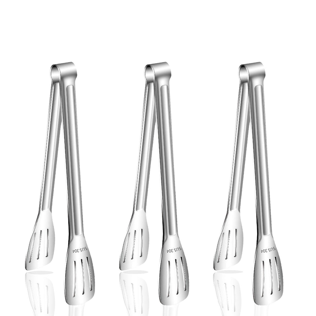 Stainless Steel Kitchen Tong Set - Anti-Slip Heat-Resistant Grip, Widened 3-Line Slotted Heads for Easy Clamping (Steaks, BBQ, Pasta, Salads), Easy Clean for Versatile Use Set of 3-9", Silver
