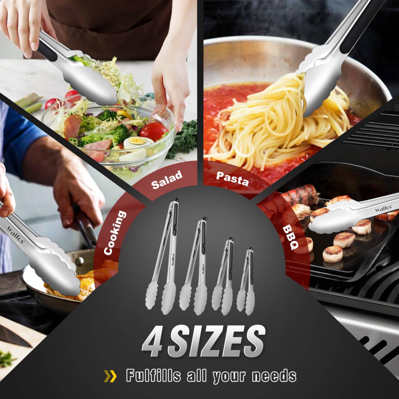 Walfos Stainless Steel Kitchen Tongs for Cooking, BBQ - 7 ，9, 12 and 14 Inch,Set of 4 Heavy Duty Locking Metal Food Tongs Non-Slip Grip