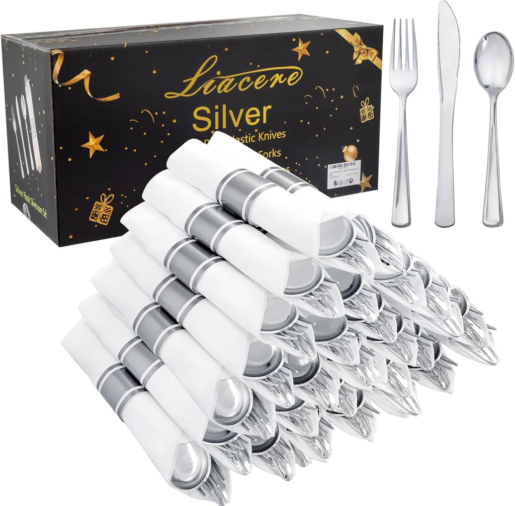 Liacere 400PCS Silver Plastic Silverware - Pre Rolled Napkins Disposable Silver Cutlery-Premium Quality Gold Plastic Utensils - Includes 100Forks,100Knives,100Spoons,100Napkins For Wedding & Party