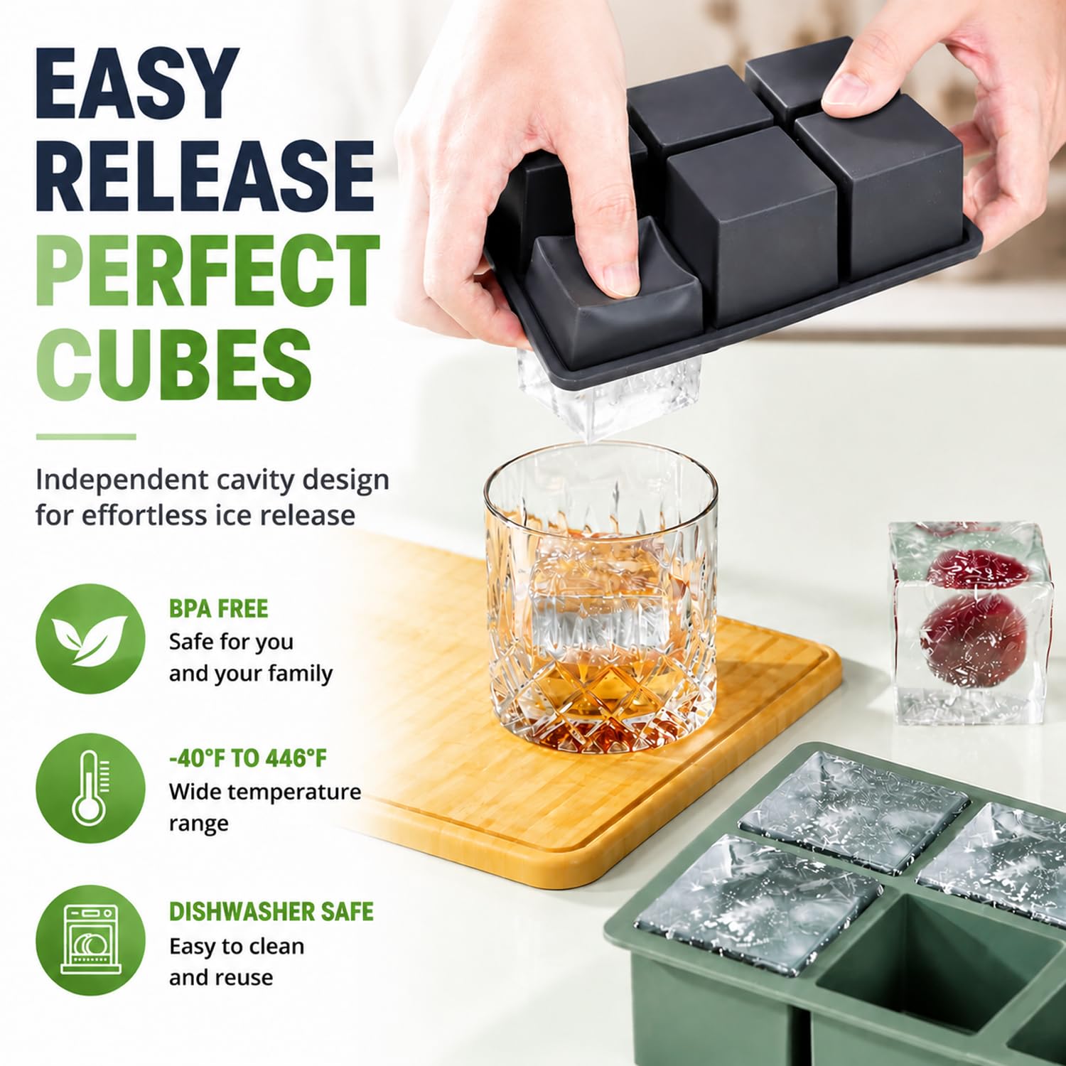 Large Ice Cube Tray for Whiskey: 2" Big Silicone Ice Tray with Lid for Whisky - 3Pack Old Fashioned Ice Cube Trays for Cocktail - Huge Square Cubed Bourbon Ice Cube Maker
