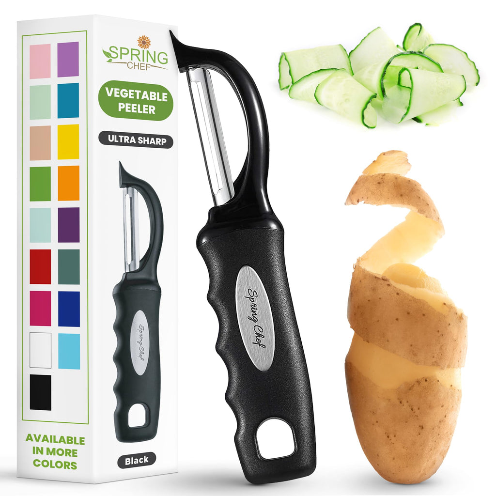 Spring Chef Swivel Vegetable Peeler for Kitchen w/Soft Grip Handle, Black