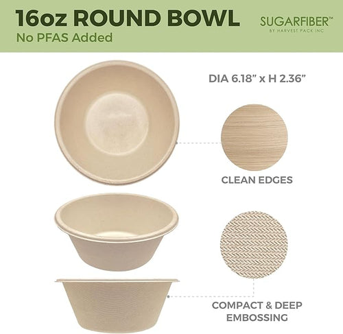 16oz Compostable Paper Bowls Disposable Round Natural Soup Bowls, 125 Count