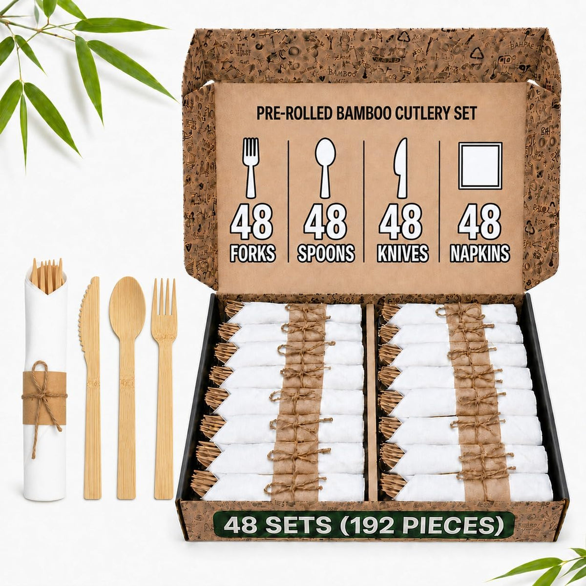KOELHO'S Pre-Rolled Bamboo Cutlery Set 24-Pack 96 PCS | Bamboo Disposable Utensils 100% Biodegradable and Eco-Friendly | Wooden Utensils Disposable for Parties, Weddings, and Events