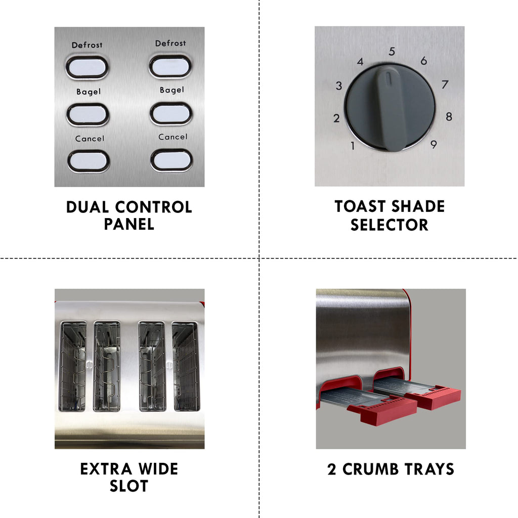 Slice Toaster, Red Stainless Steel, Dual Controls, Extra Wide Slots, Bagel and Defrost Functions, 9 Browning Levels, Removable Crumb Trays, for Bread, Toast, English Muffin, Toaster Strudel