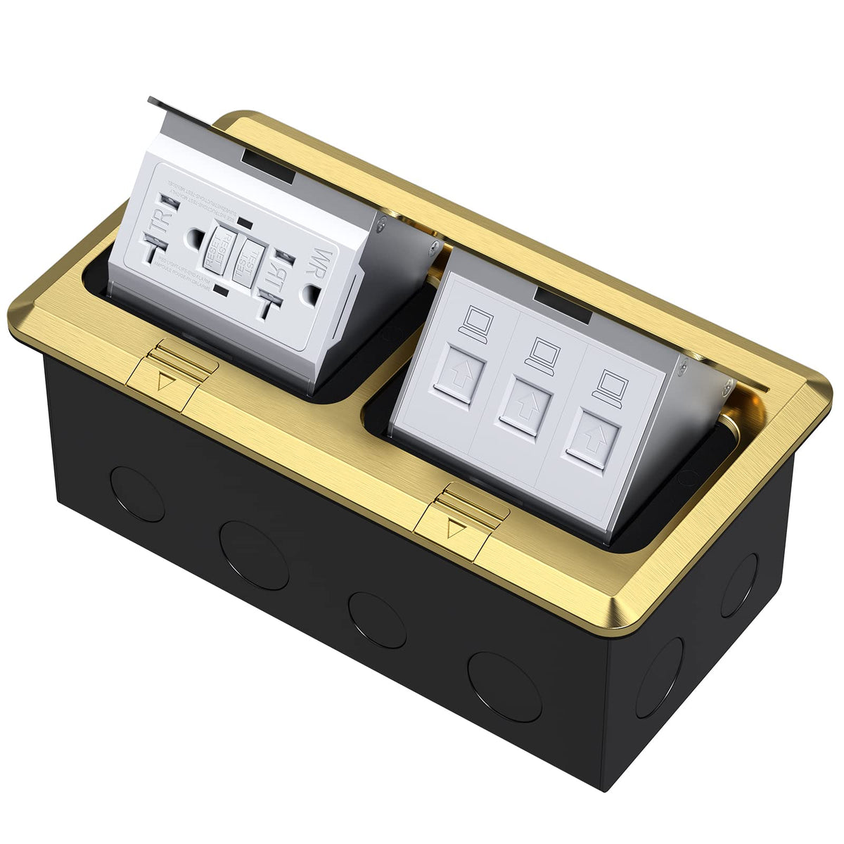 KYHSHJ Dual Pop-Up Floor Electrical Outlet Box Kit，20 Amp Stainless Steel GFCI TR Receptacle Outlet，3-Port RJ45 Datacom Receptacle， Black