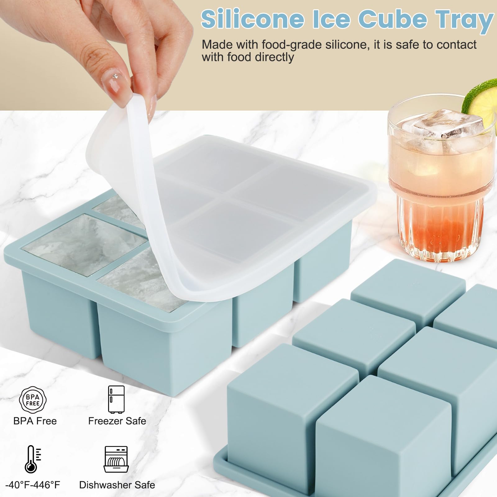 Large Silicone Ice Cube Tray 3Pack, SAWNZC Big Square Ice Cube Molds for Whisky Cocktail, Ice Maker Tray with Lid for Freezer, Easy Release (3, Blue+Green+Purple)