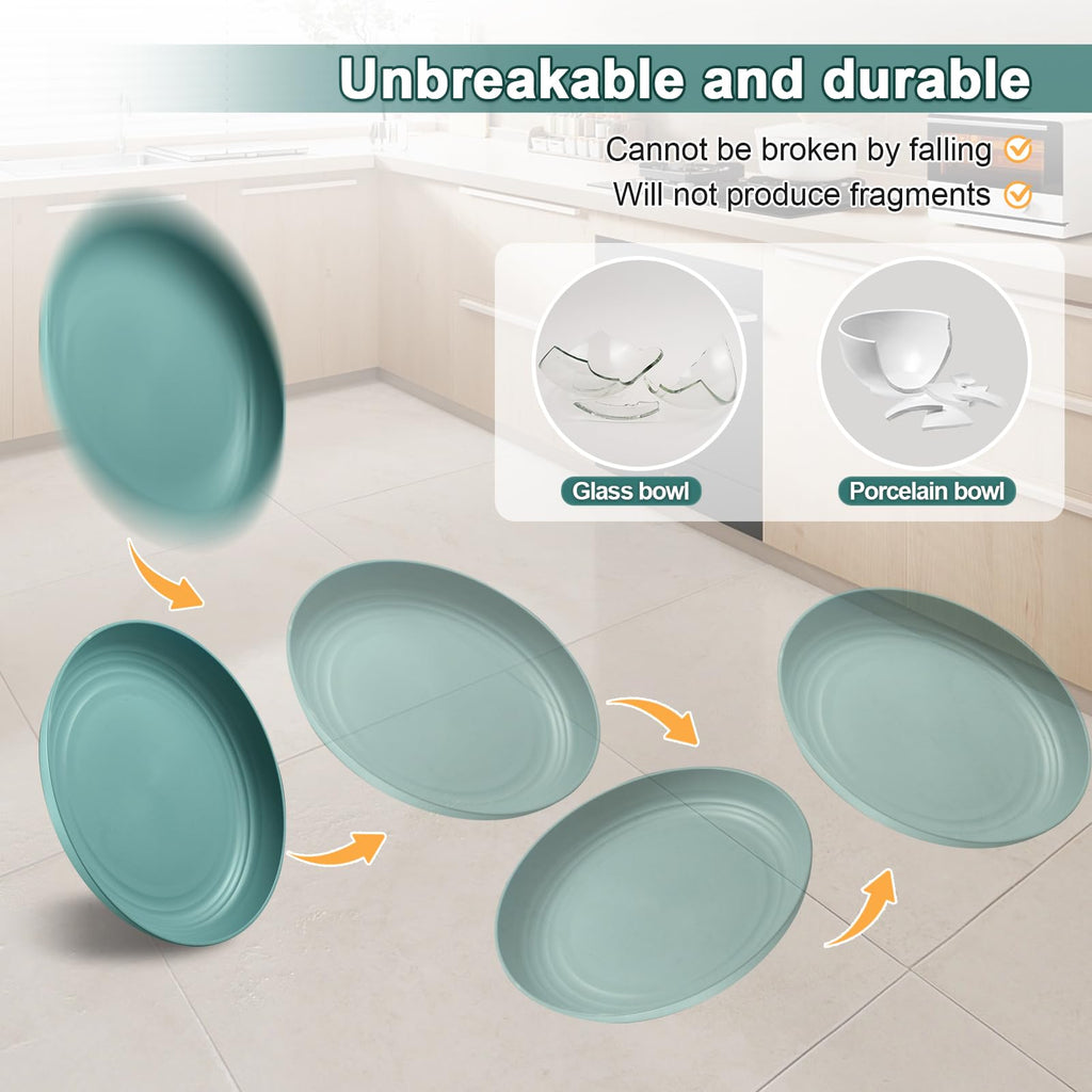 HEYCOME 12 Pcs Unbreakable Deep Dinner Plates Set, 9 inch Reusable Plastic Wheat Straw Plates, Microwave and Dishwasher Safe Plate for Kitchen, Lightweight Plate for Dessert, BPA Free, 6 Colors