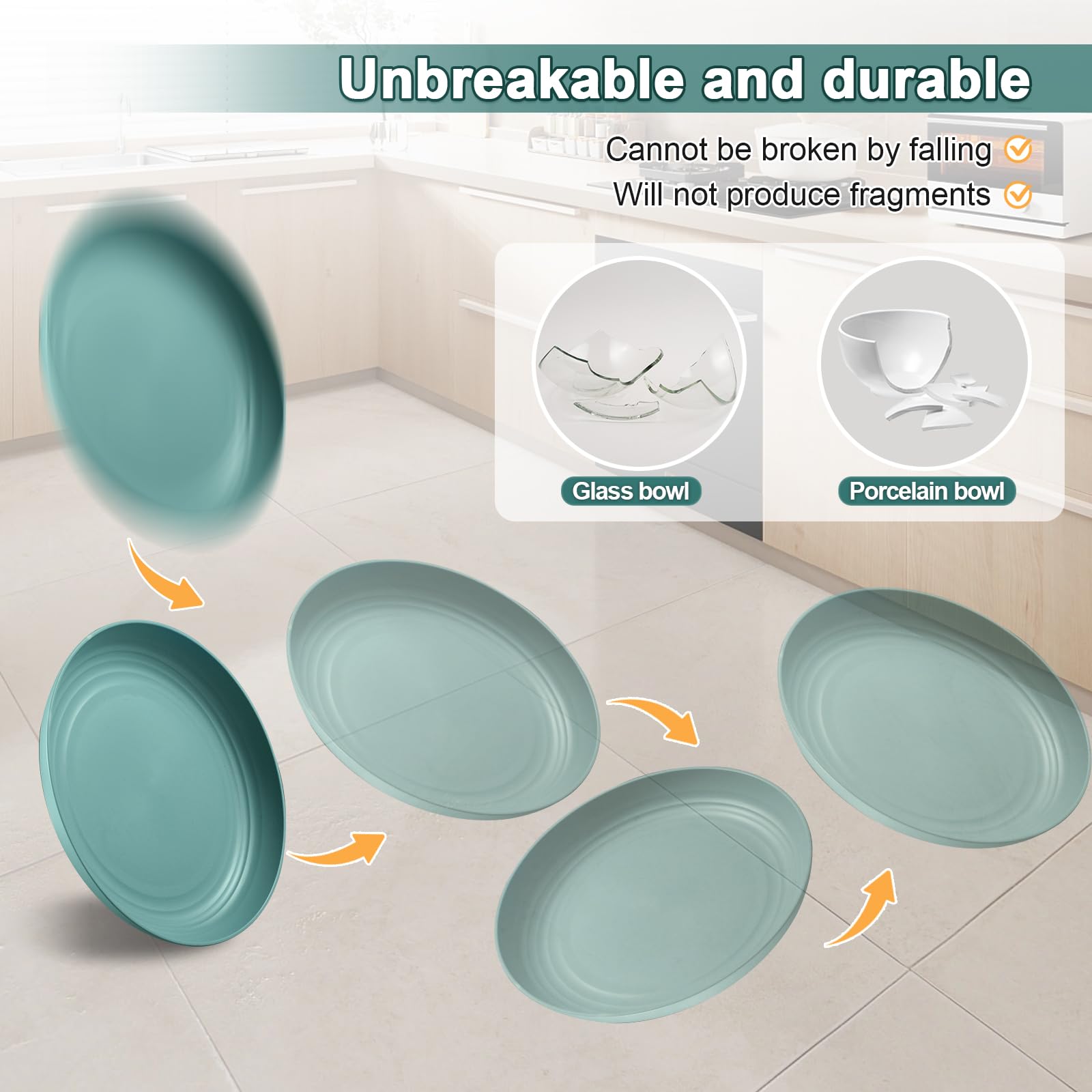 HEYCOME 12 Pcs Unbreakable Deep Dinner Plates Set, 9 inch Reusable Plastic Wheat Straw Plates, Microwave and Dishwasher Safe Plate for Kitchen, Lightweight Plate for Dessert, BPA Free, 6 Colors