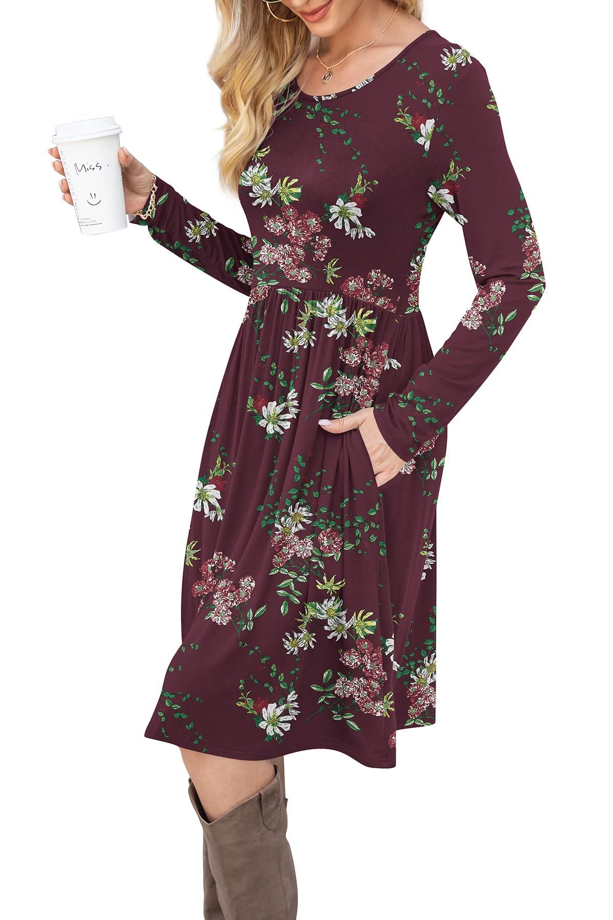DB MOON Women Casual Long Sleeve Dresses Empire Waist Loose Dress with Pockets (Flower Wine Red, M)