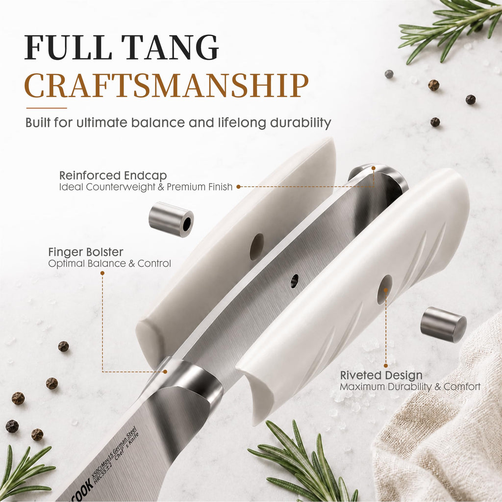 Knife Set, Astercook Kitchen Knife Set with Block, 15 Pcs Luxurious High Carbon German Stainless Steel Knives Set with Full Tang Ergonomic Handle, Dishwasher Safe Knife Set with Sharpening Rod, White